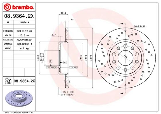 Brembo 08.9364.2X - Jarrulevy inparts.fi