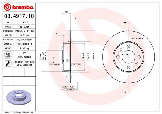 Brembo 08.4917.10 - Jarrulevy inparts.fi