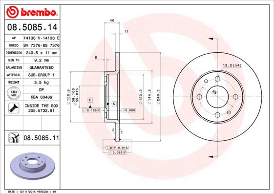 Brembo 08.5085.14 - Jarrulevy inparts.fi