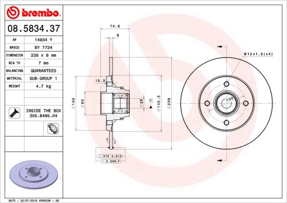 Brembo 08.5834.37 - Jarrulevy inparts.fi