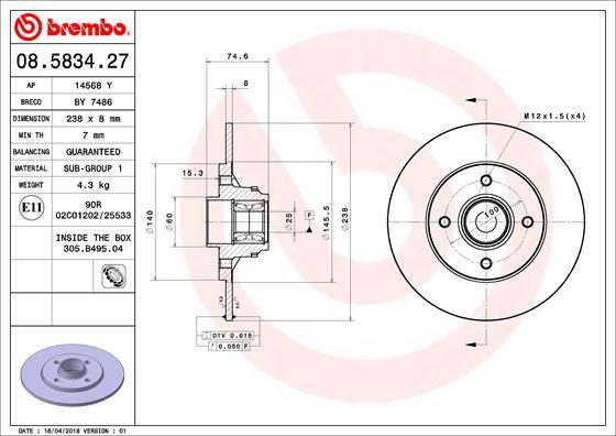 Brembo 08.5834.27 - Jarrulevy inparts.fi