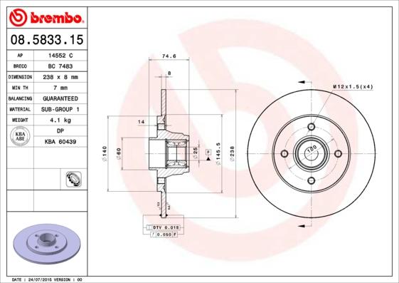 Brembo 08.5833.15 - Jarrulevy inparts.fi