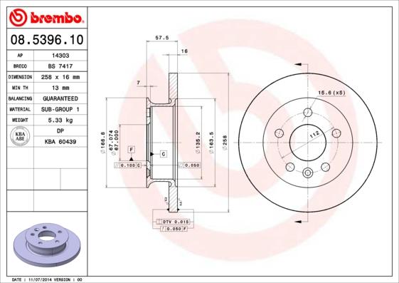 Brembo 08.5396.10 - Jarrulevy inparts.fi