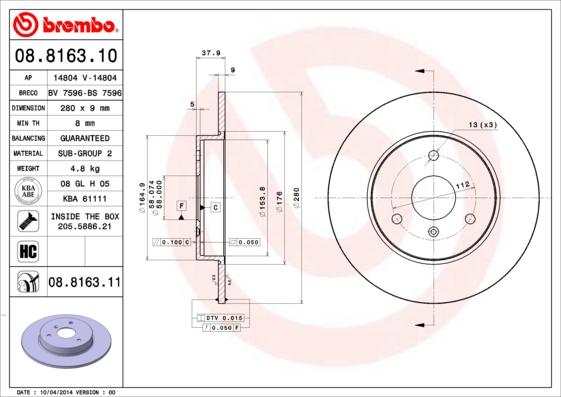 Brembo 08.8163.10 - Jarrulevy inparts.fi