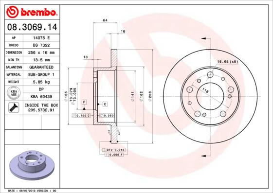 Brembo 08.3069.14 - Jarrulevy inparts.fi