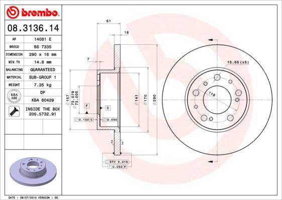 Brembo 08.3136.14 - Jarrulevy inparts.fi