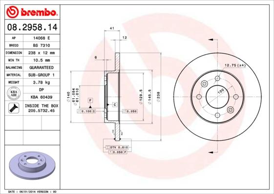 Brembo 08.2958.14 - Jarrulevy inparts.fi