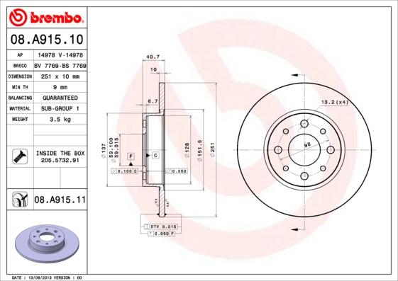 Brembo 08.A915.11 - Jarrulevy inparts.fi