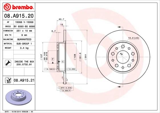 Brembo 08.A915.20 - Jarrulevy inparts.fi