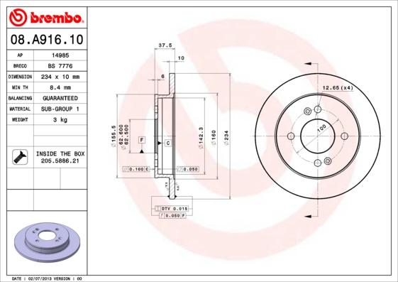 Brembo 08.A916.10 - Jarrulevy inparts.fi