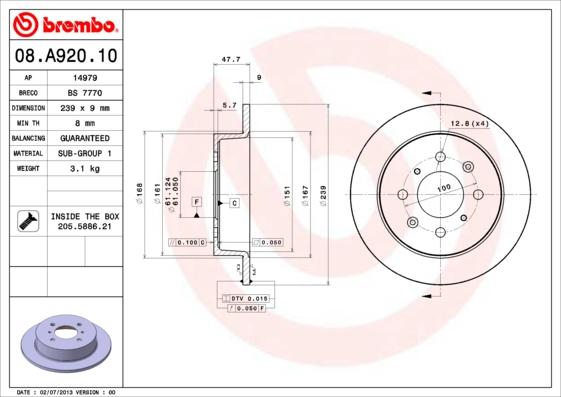 Brembo 08.A920.10 - Jarrulevy inparts.fi