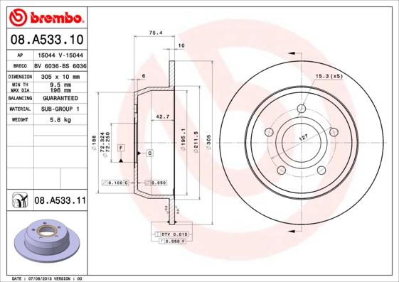 Brembo 08.A533.10 - Jarrulevy inparts.fi