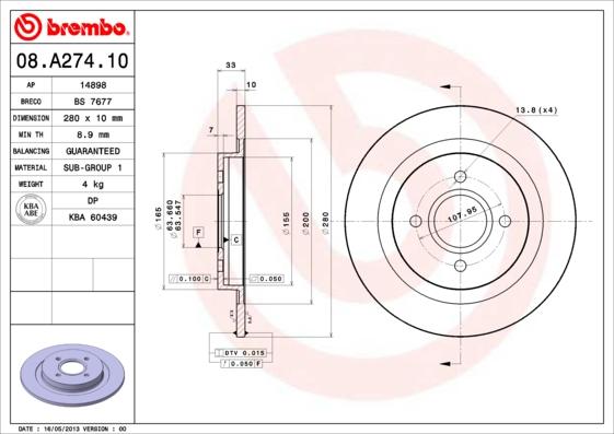 Brembo 08.A274.10 - Jarrulevy inparts.fi