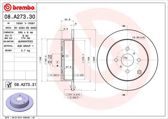 Brembo 08.A273.31 - Jarrulevy inparts.fi