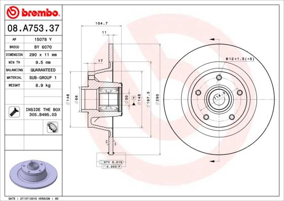 Brembo 08.A753.37 - Jarrulevy inparts.fi