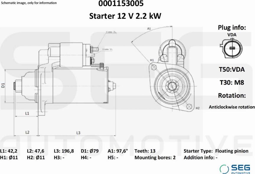 SEG AUTOMOTIVE 0001153005 - Käynnistinmoottori inparts.fi