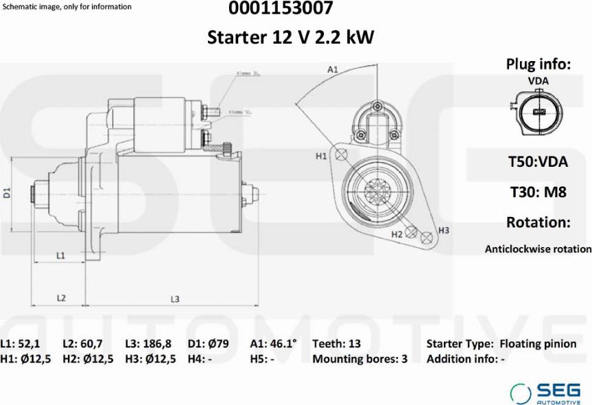 SEG AUTOMOTIVE 0001153007 - Käynnistinmoottori inparts.fi