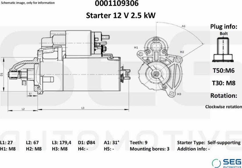 SEG AUTOMOTIVE 0001109306 - Käynnistinmoottori inparts.fi