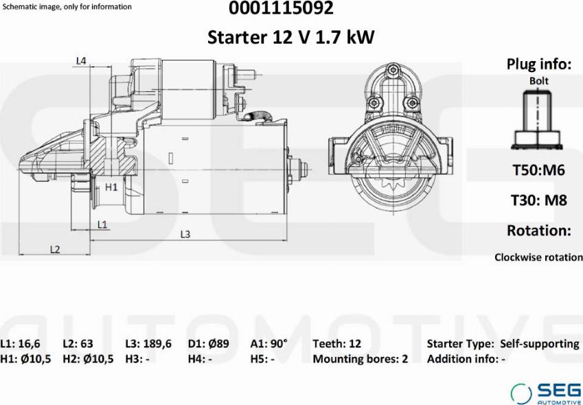 SEG AUTOMOTIVE 0001115092 - Käynnistinmoottori inparts.fi