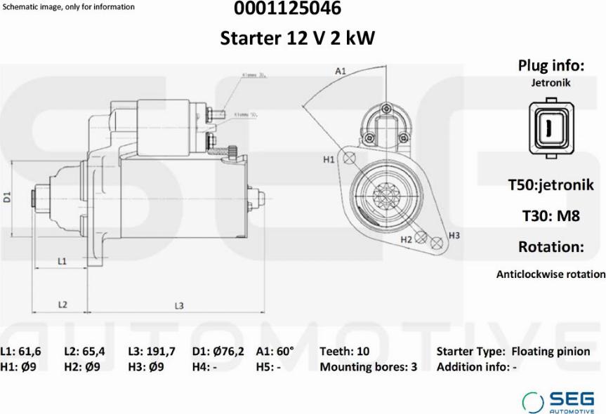 SEG AUTOMOTIVE 0001125046 - Käynnistinmoottori inparts.fi