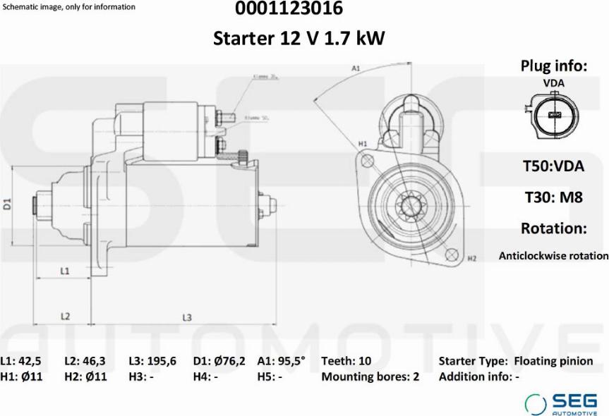 SEG AUTOMOTIVE 0001123016 - Käynnistinmoottori inparts.fi