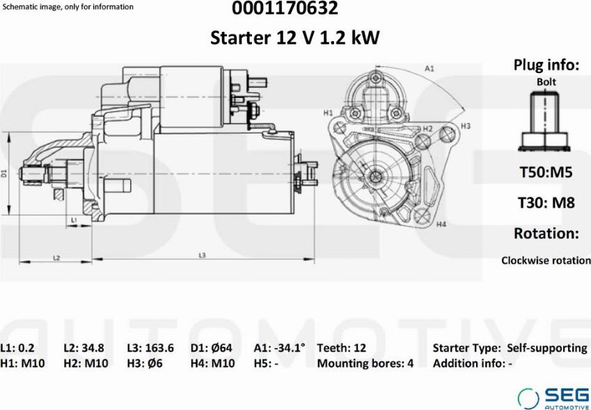 SEG AUTOMOTIVE 0001170632 - Käynnistinmoottori inparts.fi