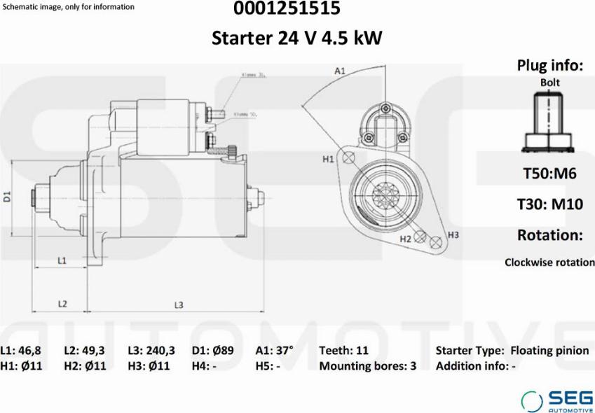 SEG AUTOMOTIVE 0001251515 - Käynnistinmoottori inparts.fi