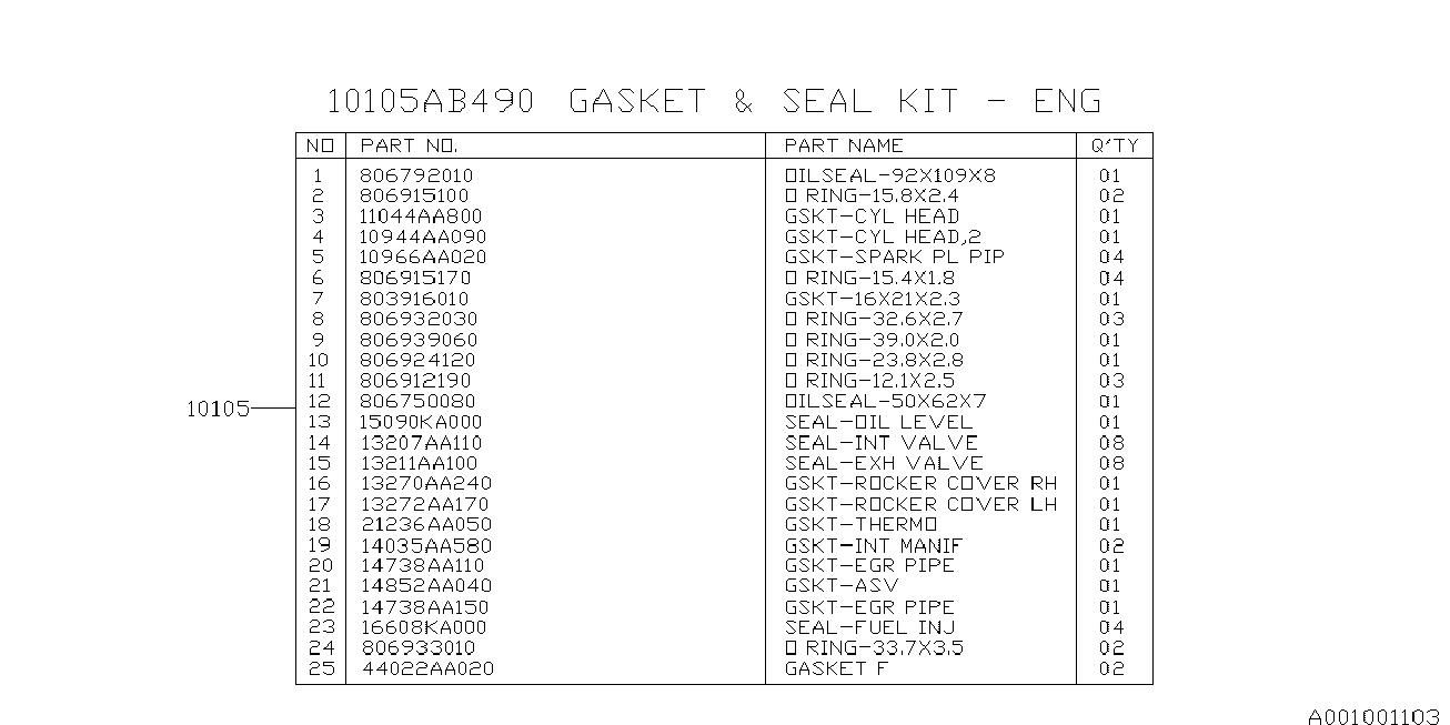 Subaru 10105AB490 - Täydellinen tiivistesarja, moottori inparts.fi